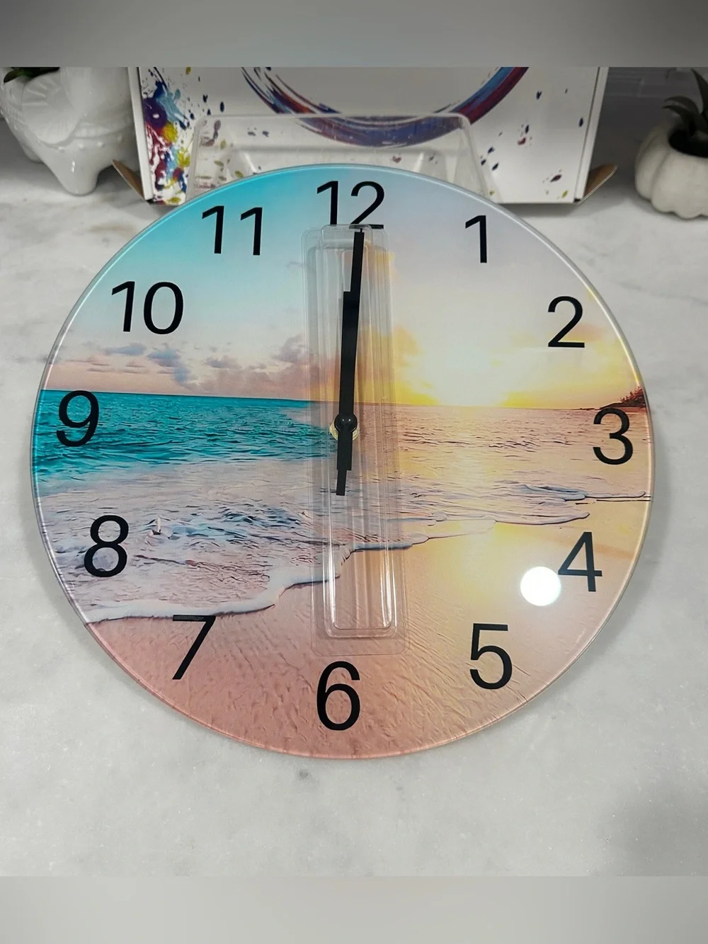 Coastal Beach Scene Wall Clock in Blue and Peach